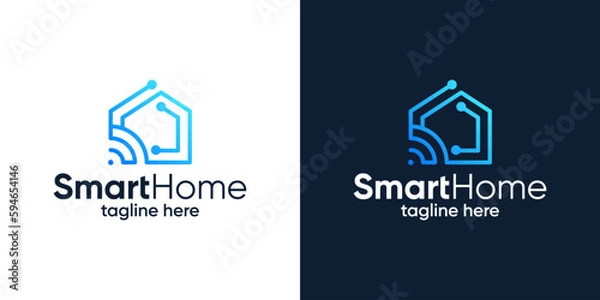 Fototapeta House building logo design with signal wifi and tech style design graphic vector illustration. Smart Home Tech symbol, icon, creative.
