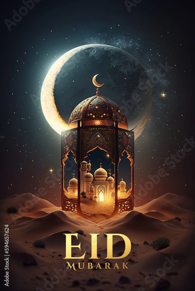 Fototapeta Eid-al-fitr greeting, mosque in an arabic lamp under a crescent moon in the desert