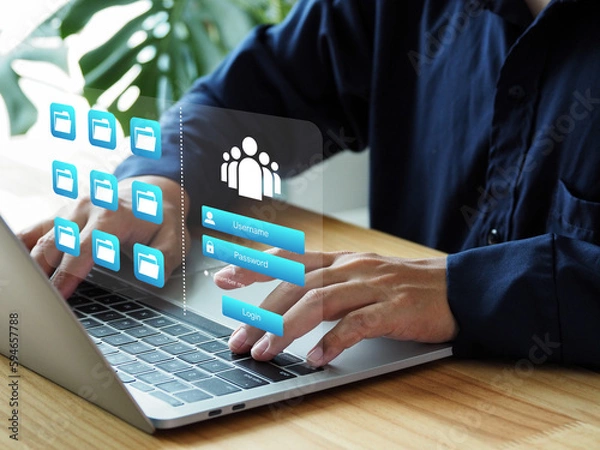 Obraz Secure access to online documents with a password and login page. Secure connection of document data from identification by username and password.