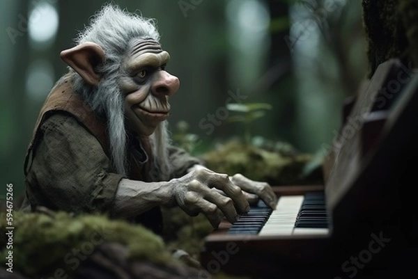 Fototapeta Forest Serenade - Troll playing Piano - Generative AI