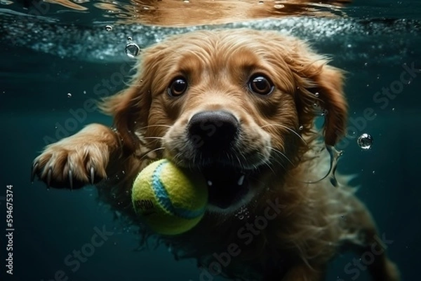 Fototapeta Playful Pup Chasing a Tennis Ball Underwater - Generative AI
