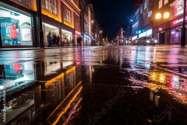 Obraz night treet with wet road and colorfuil building