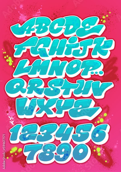 Fototapeta Cartoon vector font set in graffiti style. Letters illustration 