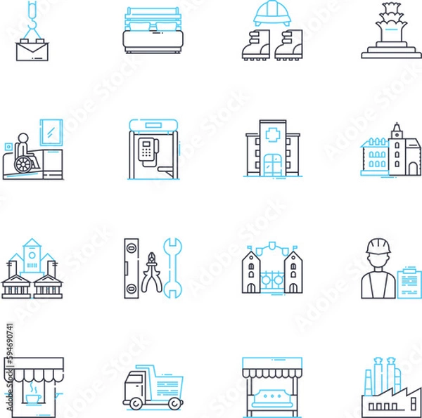 Fototapeta High-rise buildings linear icons set. Skyscraper, Tower, Height, Elevator, View, Architecture, Construction line vector and concept signs. Prestige,Urban,Windows outline illustrations