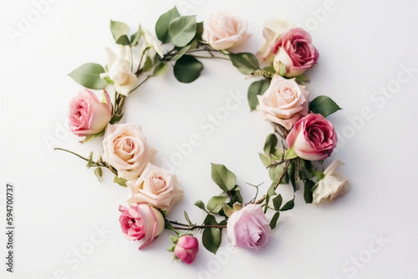 Fototapeta Minimalist Rose Wreath on White Background - Generative AI technology