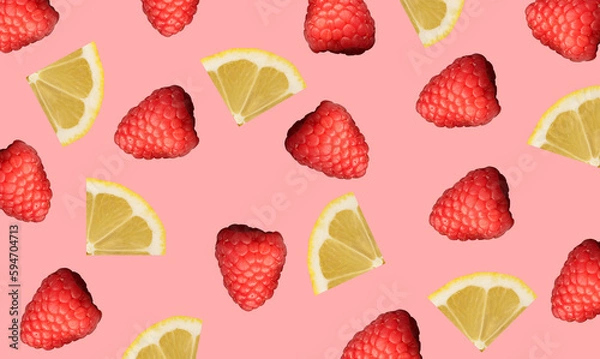 Obraz un pattern creato da lamponi e fette di limone con sfondo colorato, lamponi e limoni  isolati