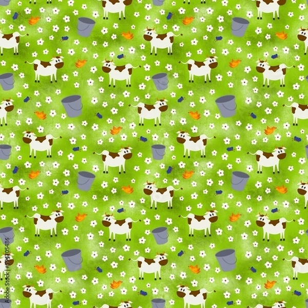 Fototapeta Pattern for children with cows on the green field