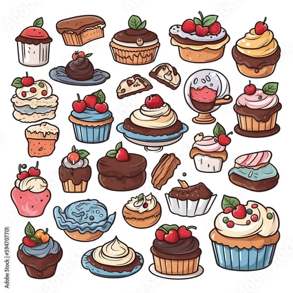 Fototapeta Cake cupcake pastry dessert sweet icon set doodle cute cartoon AI Generated 