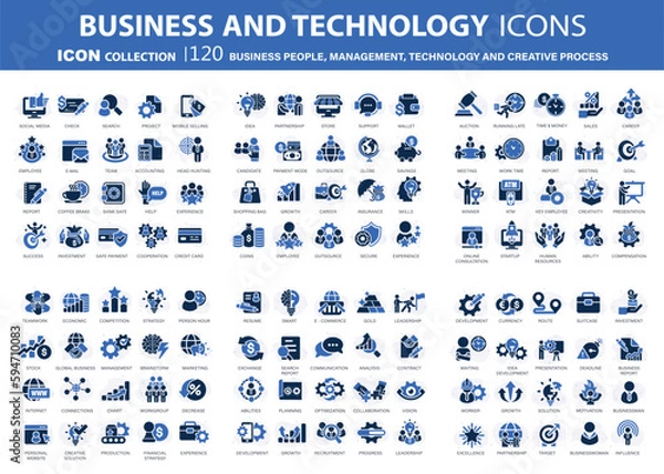 Fototapeta Business people, management and technology icons set. Businessman icons collection. Teamwork, human resources, meeting, partnership, work group, success, resume, creative process
