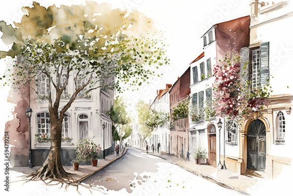 Fototapeta Watercolor New York streets in spring. White background , ai generative