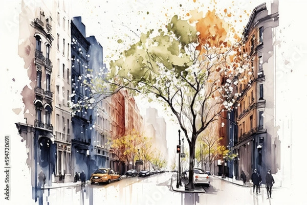 Fototapeta Watercolor New York streets in spring. White background , ai generative
