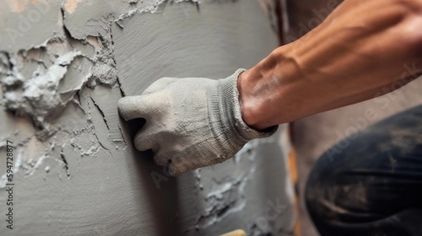 Fototapeta close-up of a construction worker plastering cement at a wall