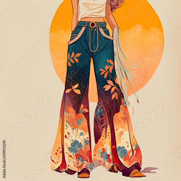 Fototapeta Coachella inspired bell bottom pants, Boho Style, expressive gouache illustration, vector, ai generative