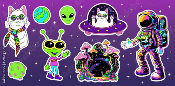 Fototapeta Astronauts and Alien in space, cute cat, psychedelic mushrooms. Stickers cartoon set.