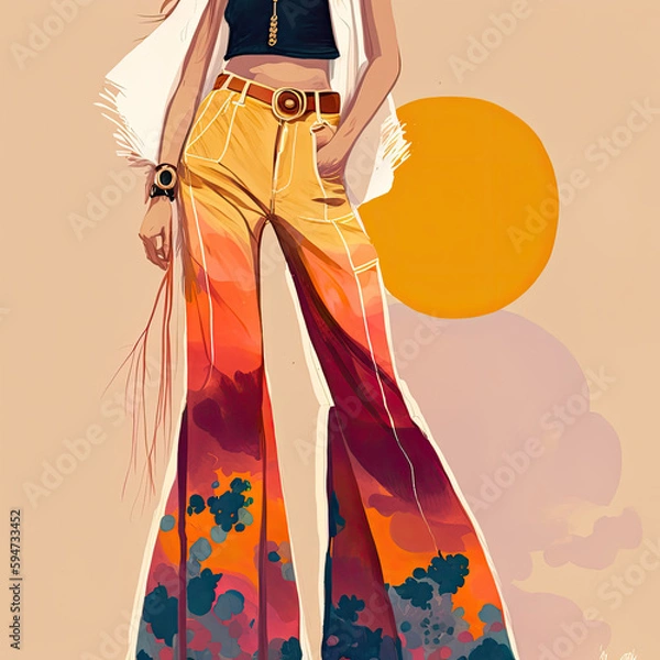 Fototapeta Coachella inspired bell bottom pants, Boho Style, expressive gouache illustration, vector, ai generative