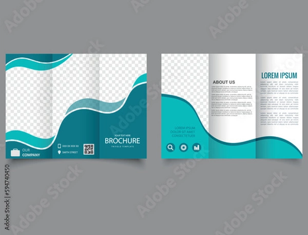 Fototapeta Trifold brochure with green waves. Corporate brochure, trifold template design.