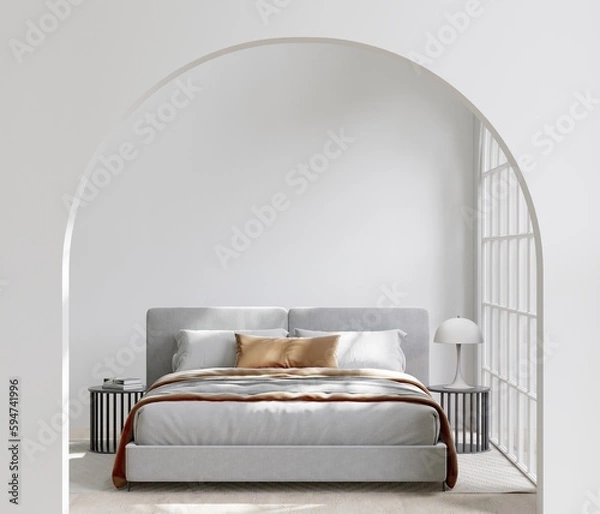Fototapeta 3D rendering minimal style bedroom with white wall ,wooden floor,big window ,empty wall for copy space,mockup frame