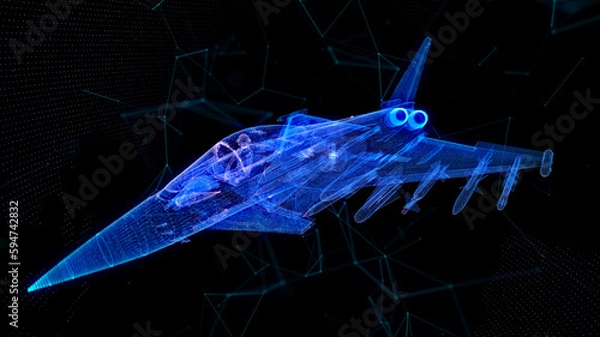 Obraz Fighter jet. Glow particles virtual Air plane. Aviation air force technology