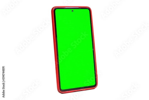 Fototapeta Celular con pantalla verde, de lado, en fondo blanco full, horizontal con funda roja