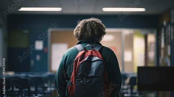 Obraz A person with a backpack walks through a classroom.