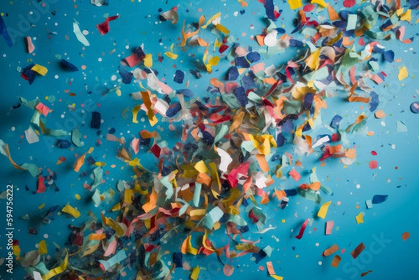 Fototapeta Colorful confetti flies over blue background. Generative AI.
