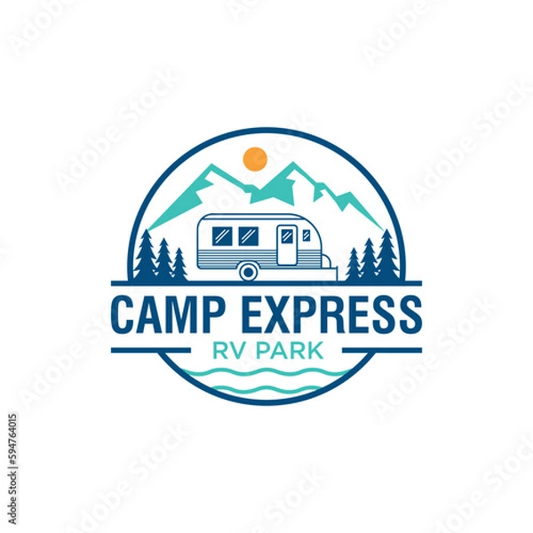 Fototapeta Rv Park caravan Camp with evergreen fir pine tree and mountain lake, landscape nature illustration logo design inspiration