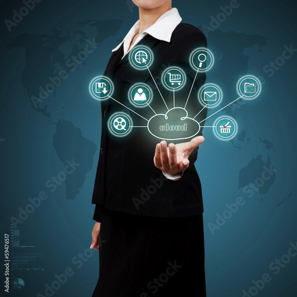 Fototapeta Business woman showing cloud computing. Concept of business mode