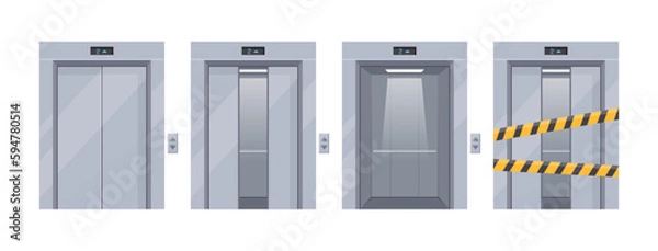 Fototapeta Elevator doors. Vector set of open, half closed and broken metallic elevator doors for building, office. Passenger or cargo lift gates with button panel, floor indicators digits. Elevator repair