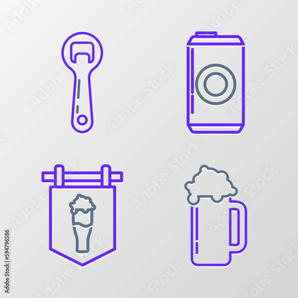 Fototapeta Set line Glass of beer, Street signboard with glass, Beer can and Bottle opener icon. Vector
