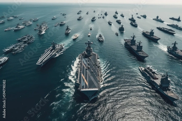 Fototapeta American navy aircraft carrier, USA navy ship carrier full loading airplane fighter jet aircraft, Aerial view army navy nuclear ship carrier full fighter jet aircraft concept technology of battleship