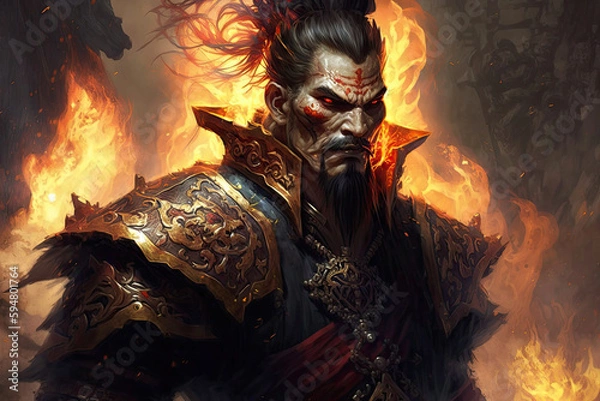 Fototapeta a demonic looking man in armor with flames in the background Generative AI