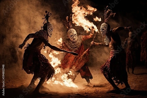 Fototapeta a group of people dancing around a fire Generative AI