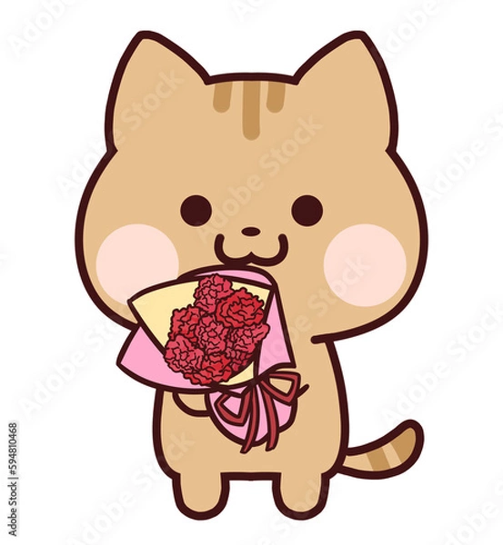 Obraz カーネーションの花束を持つトラ猫