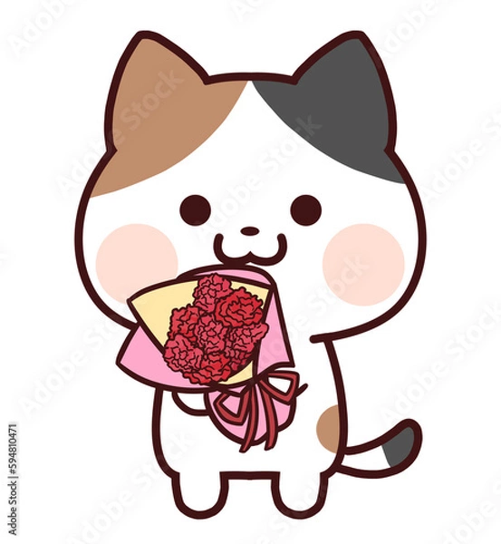 Obraz カーネーションの花束を持つ三毛猫