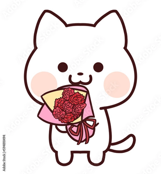 Obraz カーネーションの花束を持つ白猫