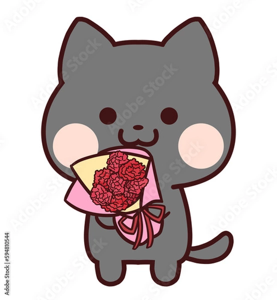 Obraz カーネーションの花束を持つ黒猫
