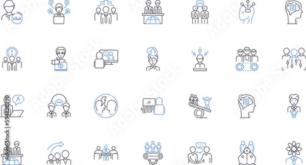 Fototapeta Facilitator line icons collection. Guide, Coach, Leader, Organizer, Moderator, Mentor, Coordinator vector and linear illustration. Navigator,Conductor,Convener outline signs set