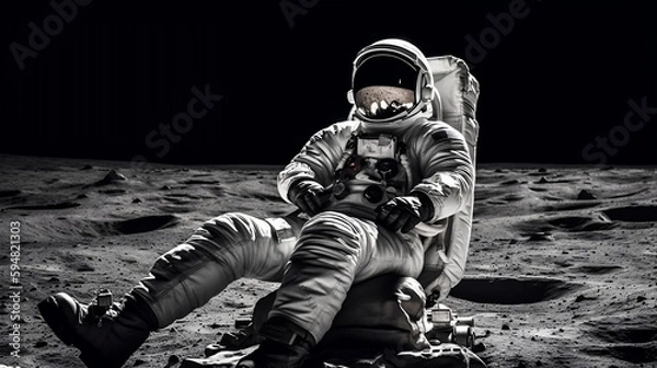 Fototapeta Astronaut in a lounge chair on the moon, space travel illustration. Generative ai.