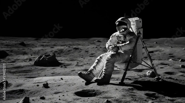 Fototapeta Astronaut in a lounge chair on the moon, space travel illustration. Generative ai.