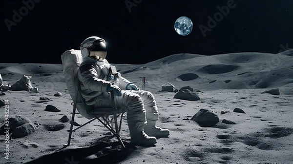 Fototapeta Astronaut in a lounge chair on the moon, space travel illustration. Generative ai.
