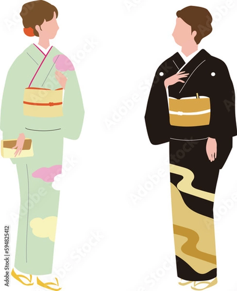 Obraz 会話をする礼装（正装、黒留袖、訪問着）の着物女性のベクターイラスト　