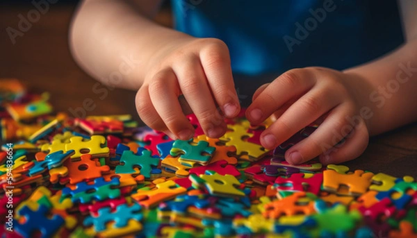 Fototapeta Young kids construct colorful puzzle in teamwork generated by AI