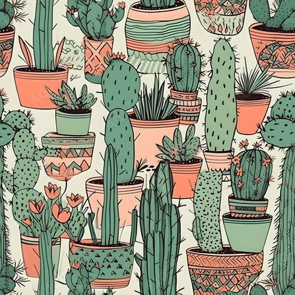 Fototapeta cute hand-drawn seamless pattern with cactus, illustration background 