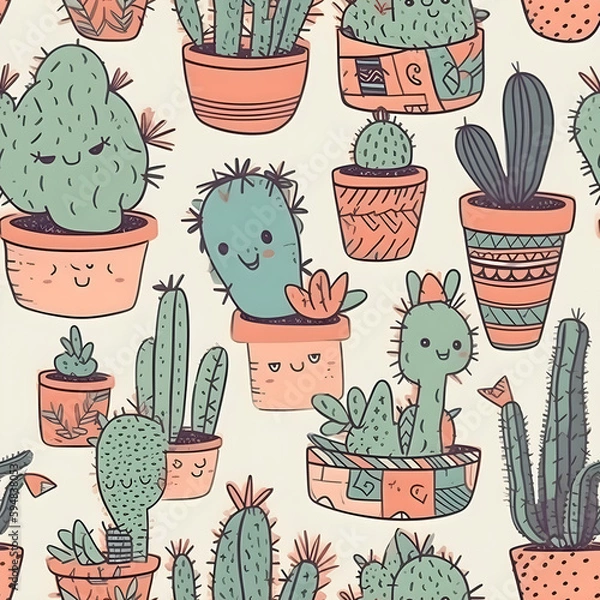 Fototapeta cute hand-drawn seamless pattern with cactus, illustration background 