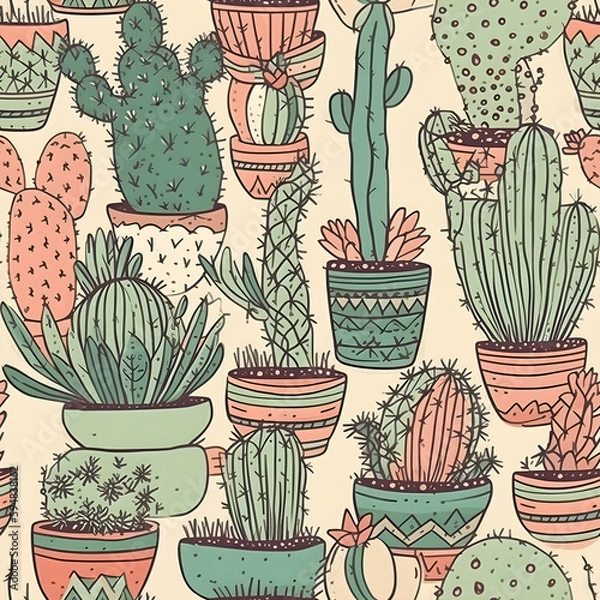 Fototapeta cute hand-drawn seamless pattern with cactus, illustration background 
