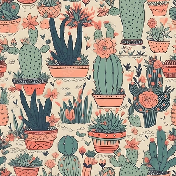 Fototapeta cute hand-drawn seamless pattern with cactus, illustration background 