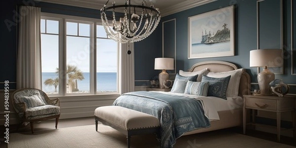 Fototapeta A Nautical-Inspired Bedroom with Coastal-Themed Textiles and Marine-Inspired Ceramic Decor, accentuated by a Seashell-Inspired Chandelier, generative ai
