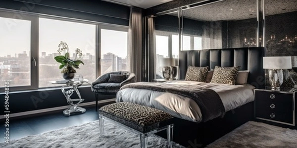 Fototapeta A stylish Art Deco Bedroom with reflective surfaces, high-gloss metallic accents, and textured animal prints epitomizes bold glamour, generative ai