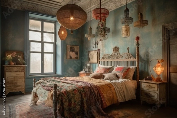 Fototapeta A Vintage Artisanal Bedroom, with a Refurbished Bedframe, Patterned Textile Pillows, and a Shabby-Chic Chandelier, generative ai