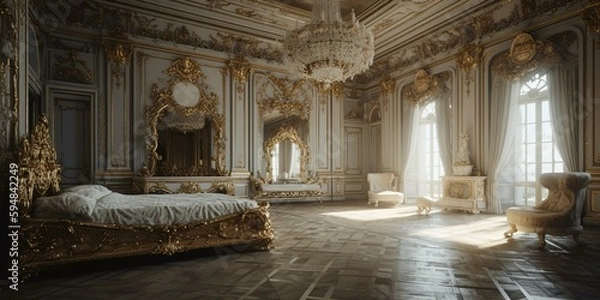 Fototapeta A Glamorous Baroque-inspired Bedroom with luxurious silk textures, grand gilded accents, and soft ambient lighting, generative ai